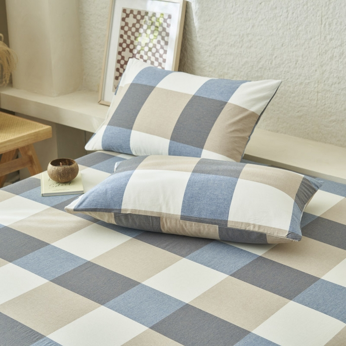 91家纺网 家纺一手货源 找家纺 早晨家纺 2025新款色织纯棉水洗棉床单 蓝大格