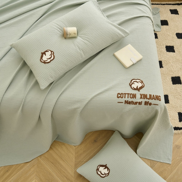 91家纺网 家纺一手货源 找家纺 早晨家纺 2025新款纯棉华夫格床单 纯棉华夫格床单-浅蓝