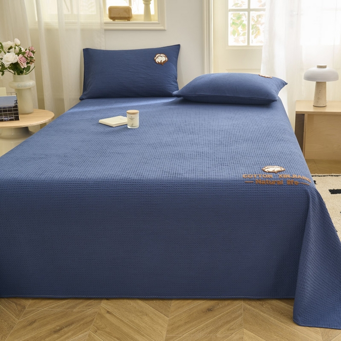 91家纺网 家纺一手货源 找家纺 早晨家纺 2025新款纯棉华夫格床单 纯棉华夫格床单-牛仔蓝