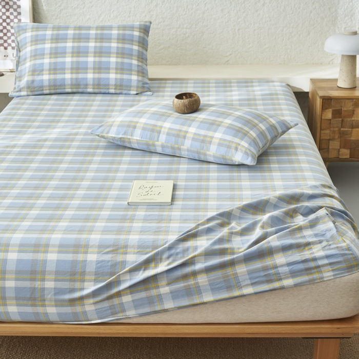 91家纺网 家纺一手货源 找家纺 早晨家纺 2025新款色织纯棉水洗棉床笠 简兮-蓝