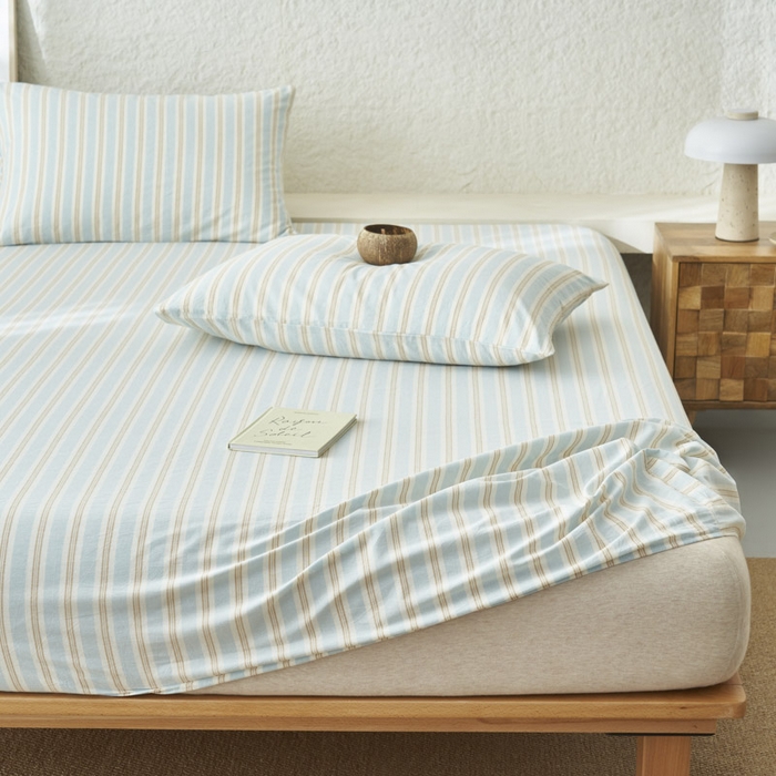 91家纺网 家纺一手货源 找家纺 早晨家纺 2025新款色织纯棉水洗棉床笠 科瑞-蓝