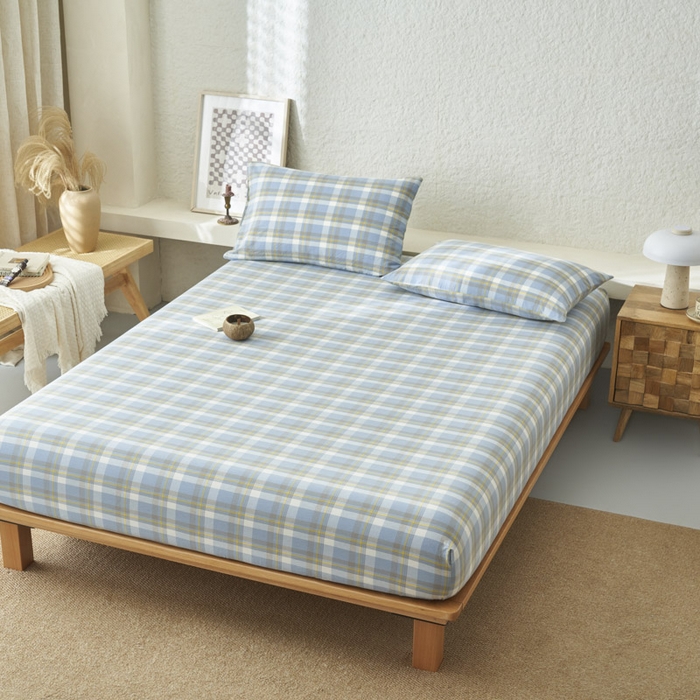 91家纺网 家纺一手货源 找家纺 早晨家纺 2025新款色织纯棉水洗棉床笠 简兮-蓝