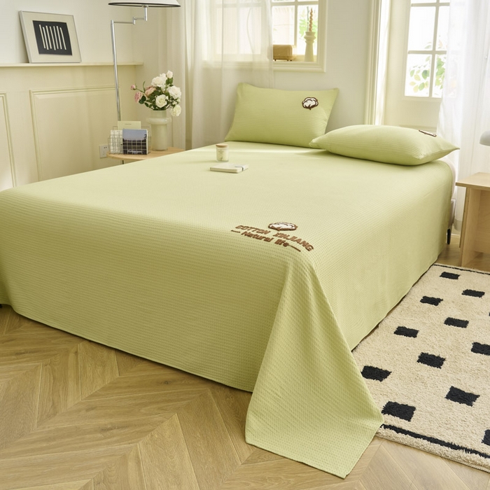 91家纺网 家纺一手货源 找家纺 早晨家纺 2025新款纯棉华夫格床单 纯棉华夫格床单-黄绿