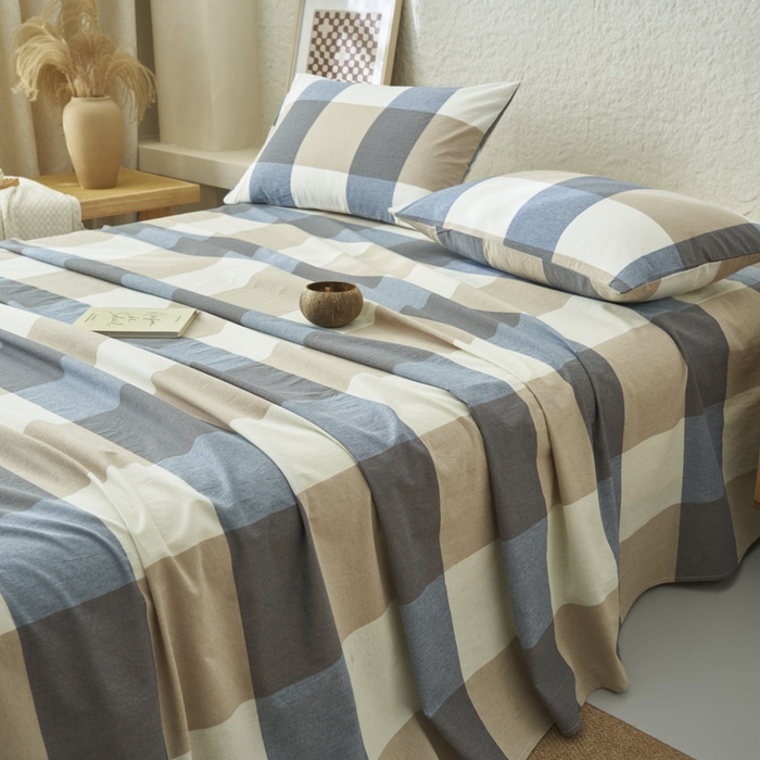 91家纺网 家纺一手货源 找家纺 早晨家纺 2025新款色织纯棉水洗棉床单 蓝大格