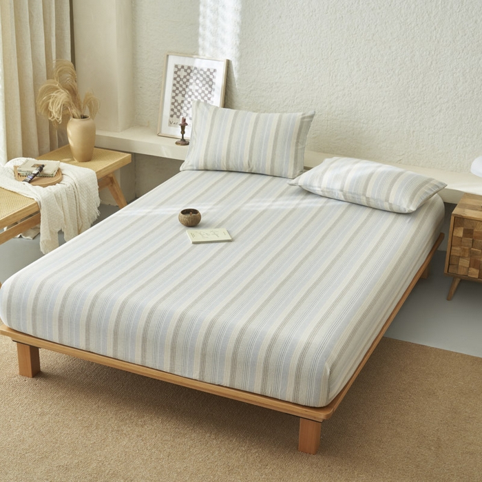 91家纺网 家纺一手货源 找家纺 早晨家纺 2025新款色织纯棉水洗棉床笠 凯西亚-蓝