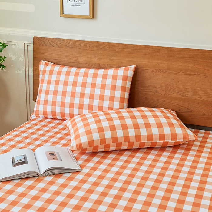 91家纺网 家纺一手货源 找家纺 义博家纺 2025新款纯棉老粗布床单 夏日橙中格