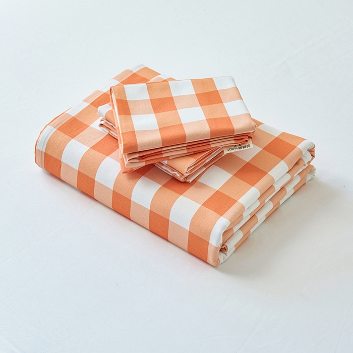 91家纺网 家纺一手货源 找家纺 义博家纺 2025新款纯棉老粗布床单 夏日橙中格