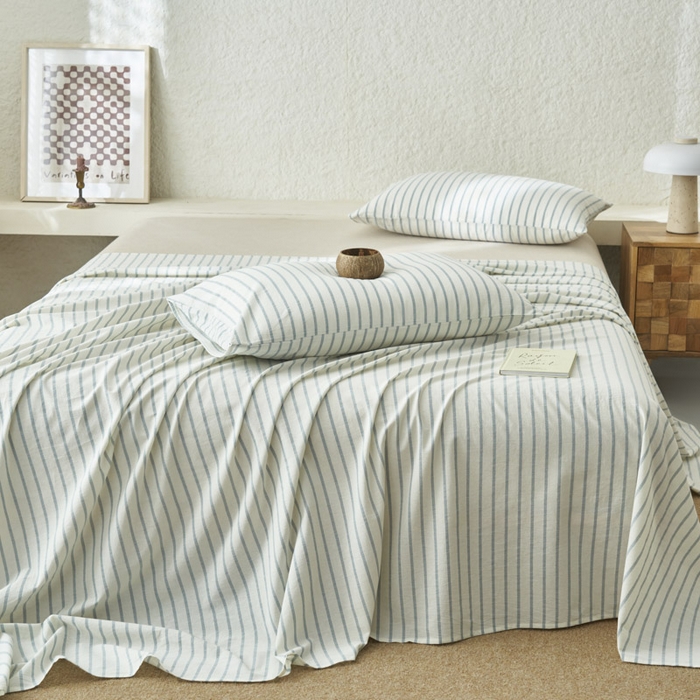 91家纺网 家纺一手货源 找家纺 早晨家纺 2025新款色织纯棉水洗棉床单 格律时尚-浅兰