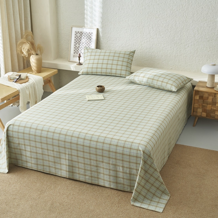 91家纺网 家纺一手货源 找家纺 早晨家纺 2025新款色织纯棉水洗棉床单 梦雨-绿