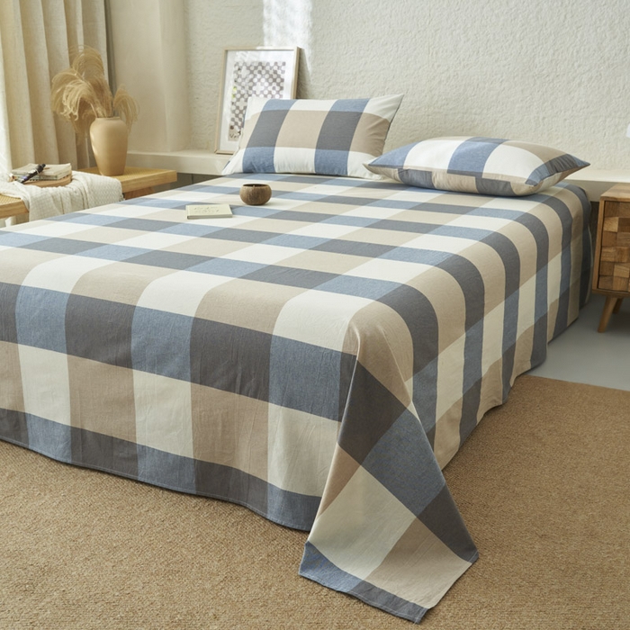 91家纺网 家纺一手货源 找家纺 早晨家纺 2025新款色织纯棉水洗棉床单 蓝大格