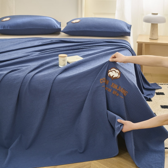 91家纺网 家纺一手货源 找家纺 早晨家纺 2025新款纯棉华夫格床单 纯棉华夫格床单-牛仔蓝