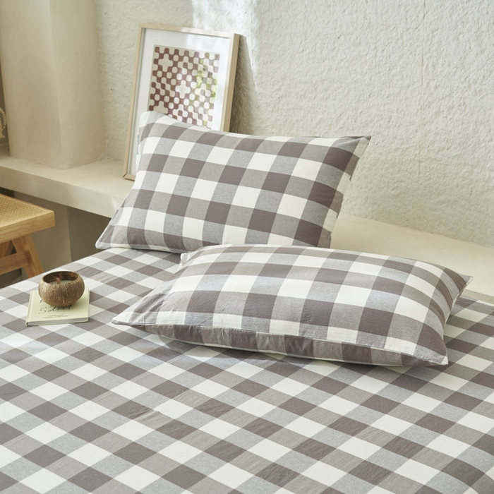 91家纺网 家纺一手货源 找家纺 早晨家纺 2025新款色织纯棉水洗棉床单 灰中格