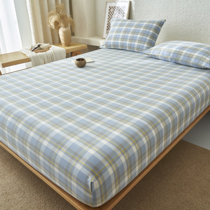 91家纺网 家纺一手货源 找家纺 早晨家纺 2025新款色织纯棉水洗棉床笠 简兮-蓝