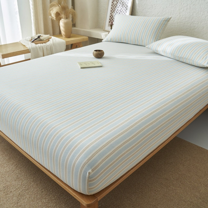 91家纺网 家纺一手货源 找家纺 早晨家纺 2025新款色织纯棉水洗棉床笠 科瑞-蓝