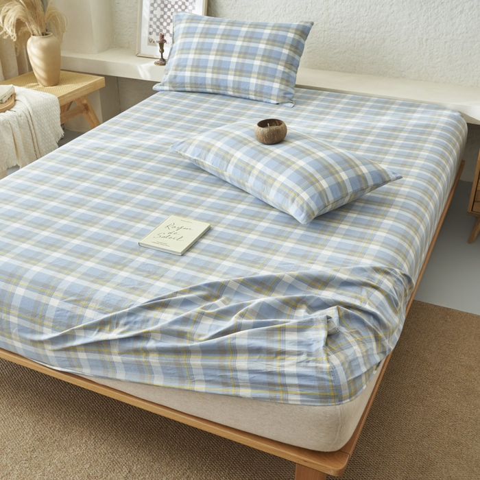 91家纺网 家纺一手货源 找家纺 早晨家纺 2025新款色织纯棉水洗棉床笠 简兮-蓝