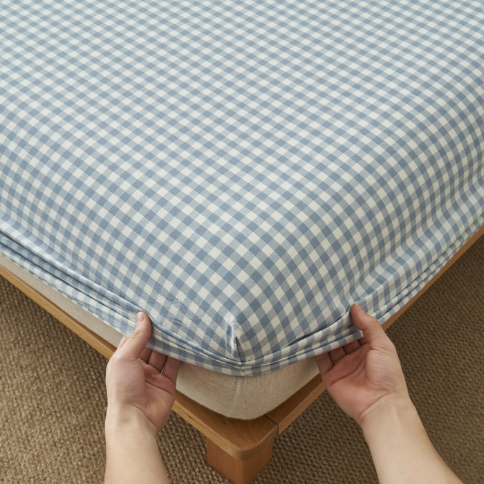 91家纺网 家纺一手货源 找家纺 早晨家纺 2025新款色织纯棉水洗棉床笠 蓝小格