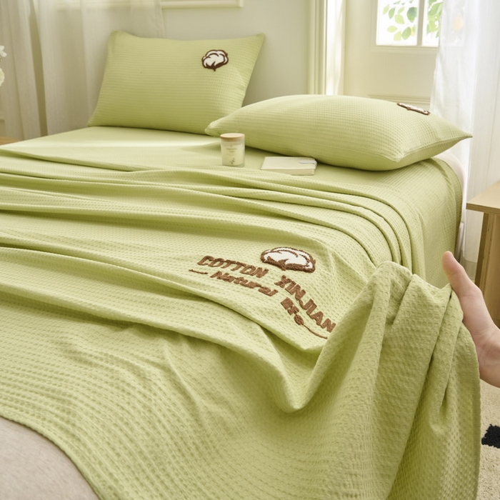 91家纺网 家纺一手货源 找家纺 早晨家纺 2025新款纯棉华夫格床单 纯棉华夫格床单-黄绿
