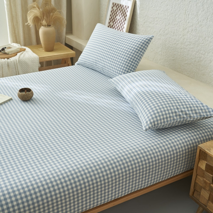 91家纺网 家纺一手货源 找家纺 早晨家纺 2025新款色织纯棉水洗棉床笠 蓝小格