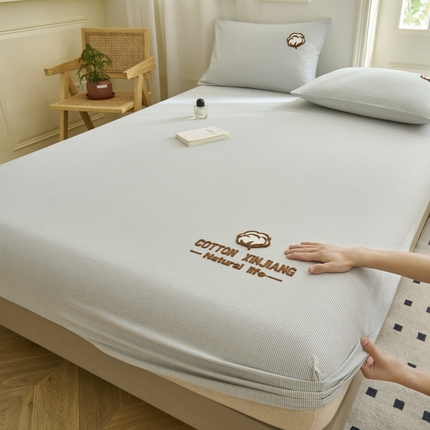 早晨家纺 2025新款色织纯棉水洗棉毛巾绣床笠 流年床笠-浅兰