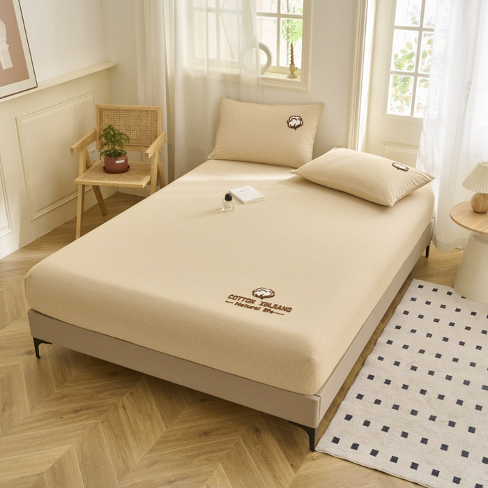 91家纺网 家纺一手货源 找家纺 早晨家纺 2025新款色织纯棉水洗棉毛巾绣床笠 流年床笠-姜黄