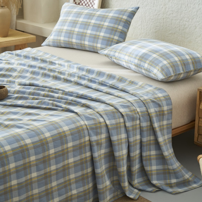 91家纺网 家纺一手货源 找家纺 早晨家纺 2025新款色织纯棉水洗棉床单 简兮-蓝