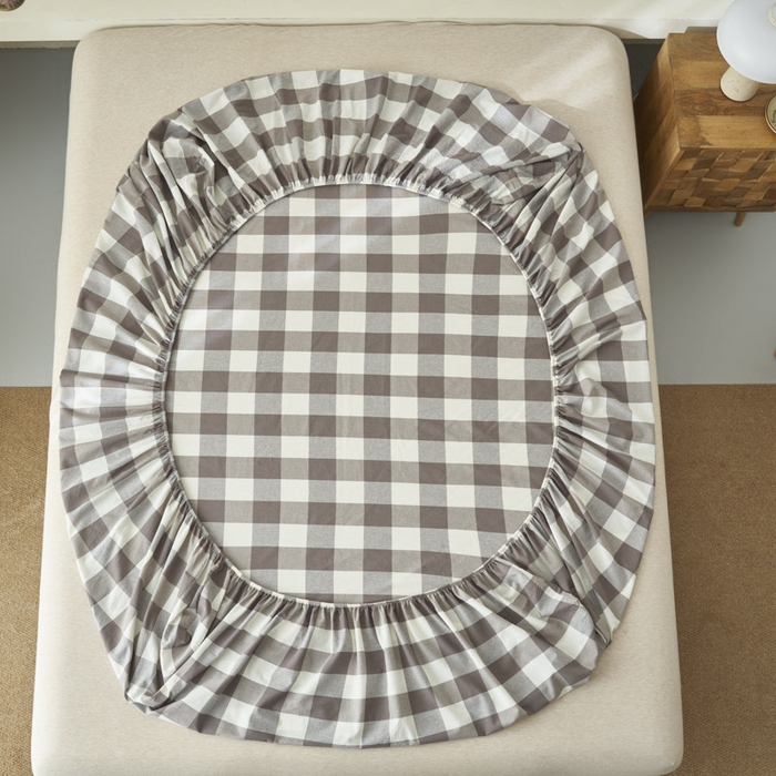 91家纺网 家纺一手货源 找家纺 早晨家纺 2025新款色织纯棉水洗棉床笠 灰中格