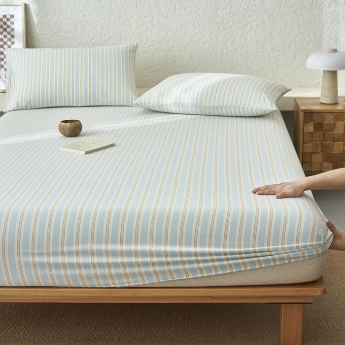 91家纺网 家纺一手货源 找家纺 早晨家纺 2025新款色织纯棉水洗棉床笠 科瑞-蓝