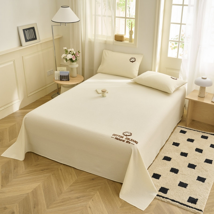 91家纺网 家纺一手货源 找家纺 早晨家纺 2025新款纯棉华夫格床单 纯棉华夫格床单-奶昔白