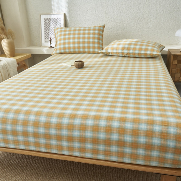 91家纺网 家纺一手货源 找家纺 早晨家纺 2025新款色织纯棉水洗棉床笠 沐夏-桔