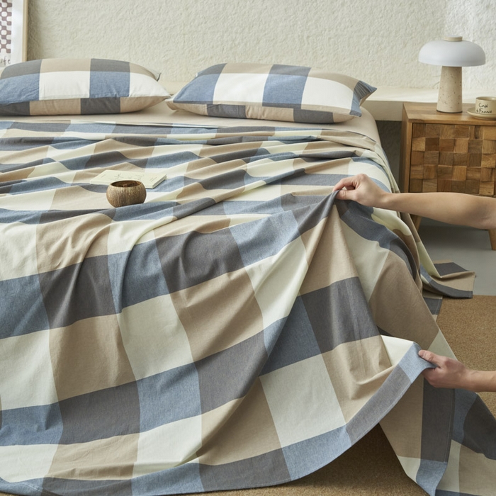 91家纺网 家纺一手货源 找家纺 早晨家纺 2025新款色织纯棉水洗棉床单 蓝大格