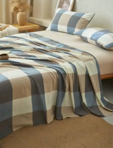 91家纺网 家纺一手货源 找家纺 早晨家纺 2025新款色织纯棉水洗棉床单 蓝大格