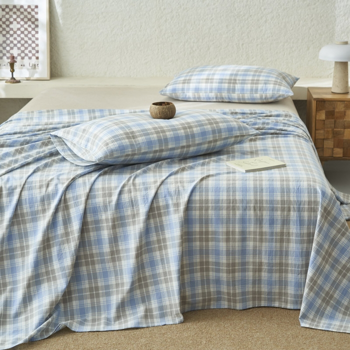 91家纺网 家纺一手货源 找家纺 早晨家纺 2025新款色织纯棉水洗棉床单 森迪-蓝