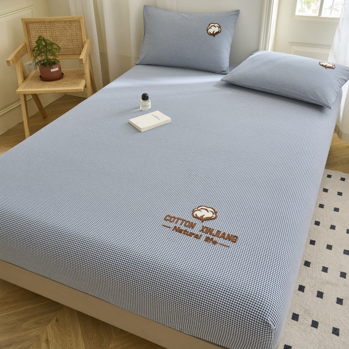 91家纺网 家纺一手货源 找家纺 早晨家纺 2025新款色织纯棉水洗棉毛巾绣床笠 星曜床笠-深蓝