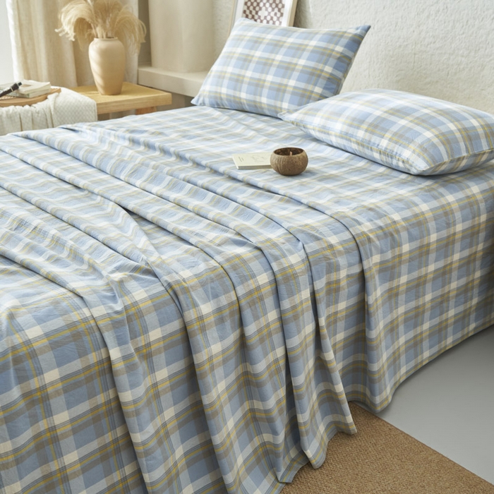 91家纺网 家纺一手货源 找家纺 早晨家纺 2025新款色织纯棉水洗棉床单 简兮-蓝