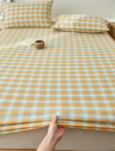 91家纺网 家纺一手货源 找家纺 早晨家纺 2025新款色织纯棉水洗棉床笠 沐夏-桔