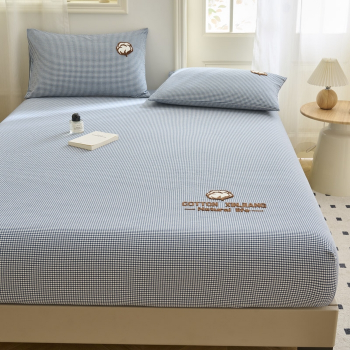 91家纺网 家纺一手货源 找家纺 早晨家纺 2025新款色织纯棉水洗棉毛巾绣床笠 星曜床笠-深蓝