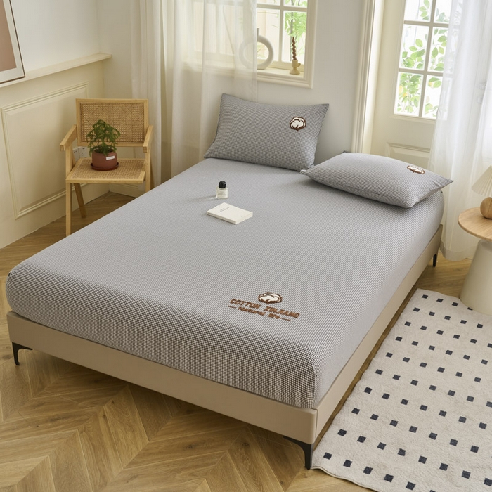 91家纺网 家纺一手货源 找家纺 早晨家纺 2025新款色织纯棉水洗棉毛巾绣床笠 星曜床笠-深灰