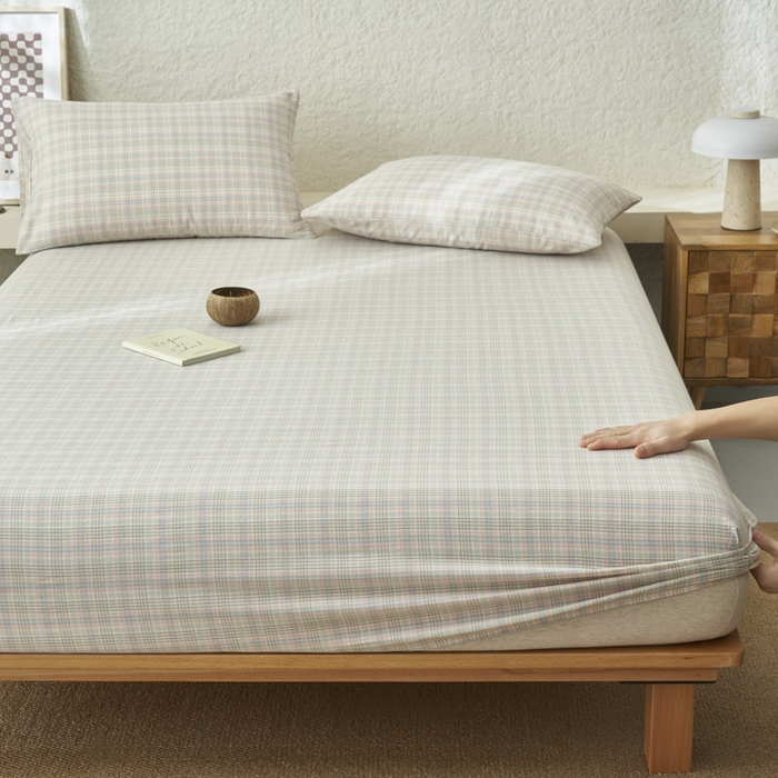 91家纺网 家纺一手货源 找家纺 早晨家纺 2025新款色织纯棉水洗棉床笠 丛草集-粉