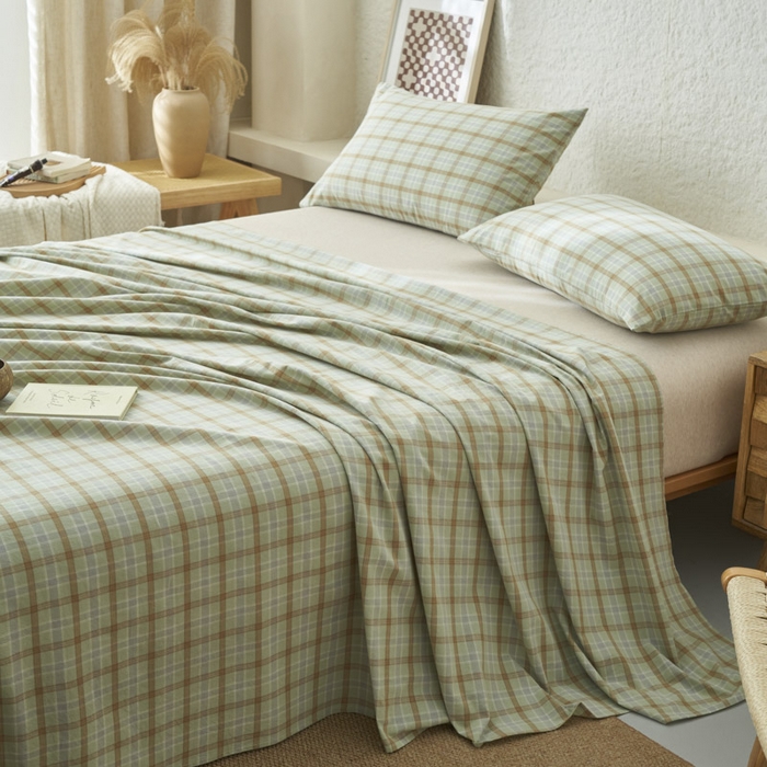 91家纺网 家纺一手货源 找家纺 早晨家纺 2025新款色织纯棉水洗棉床单 梦雨-绿