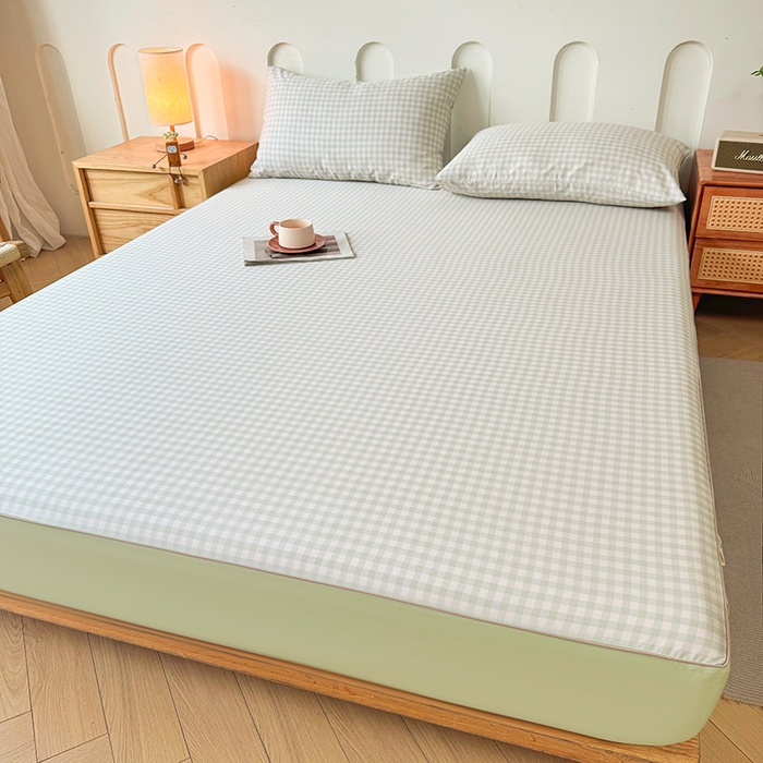 91家纺网 家纺一手货源 找家纺 笠裙家纺 2025新款进口凉感莱赛尔天丝床笠套三件套 美格绿