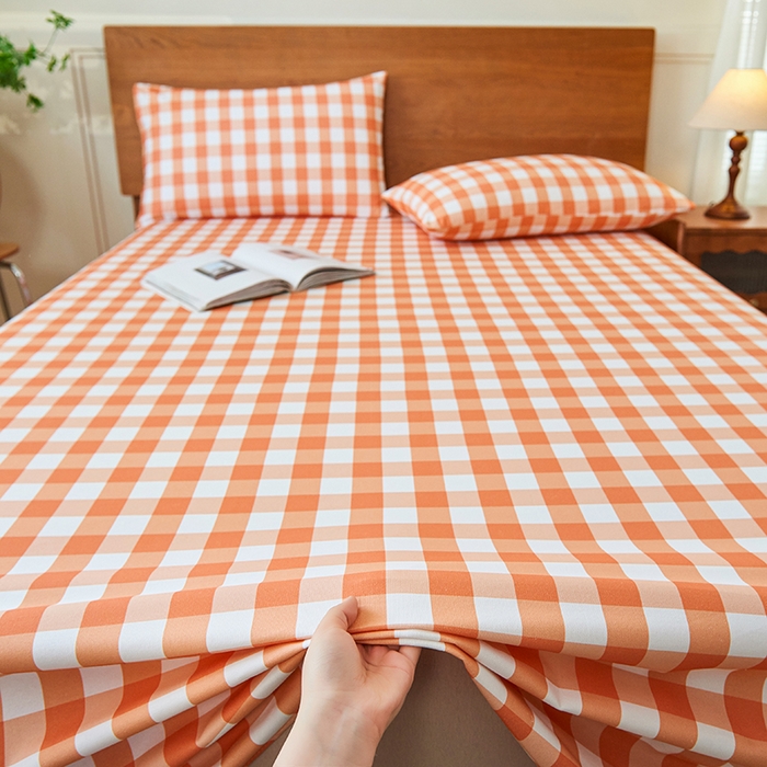 91家纺网 家纺一手货源 找家纺 义博家纺 2025新款纯棉老粗布床单 夏日橙中格