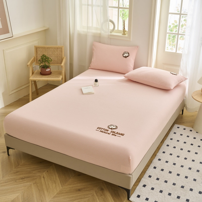 91家纺网 家纺一手货源 找家纺 早晨家纺 2025新款色织纯棉水洗棉毛巾绣床笠 星曜床笠-浅粉