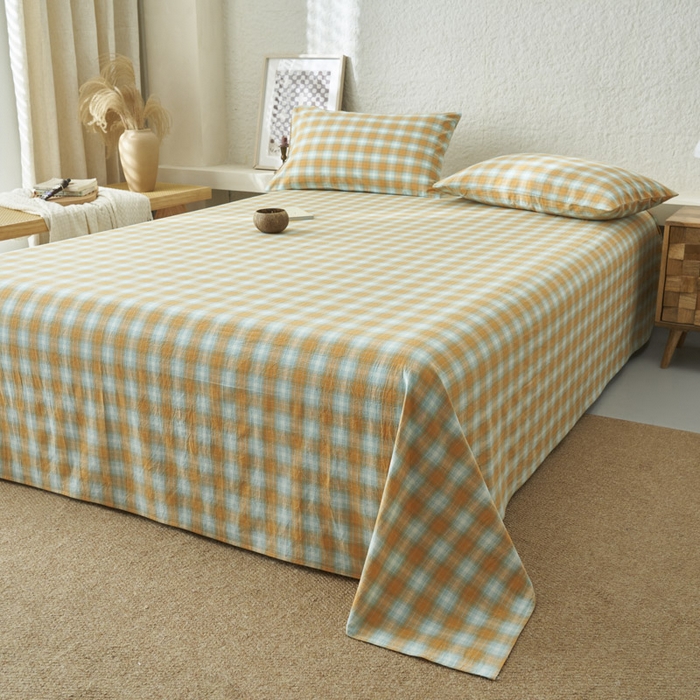91家纺网 家纺一手货源 找家纺 早晨家纺 2025新款色织纯棉水洗棉床单 沐夏-桔