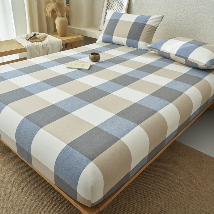 91家纺网 家纺一手货源 找家纺 早晨家纺 2025新款色织纯棉水洗棉床笠 蓝大格