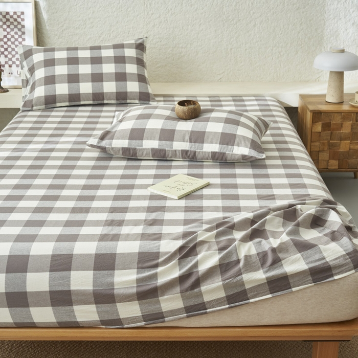 91家纺网 家纺一手货源 找家纺 早晨家纺 2025新款色织纯棉水洗棉床笠 灰中格