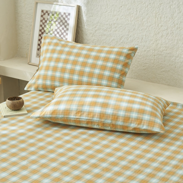 91家纺网 家纺一手货源 找家纺 早晨家纺 2025新款色织纯棉水洗棉床单 沐夏-桔