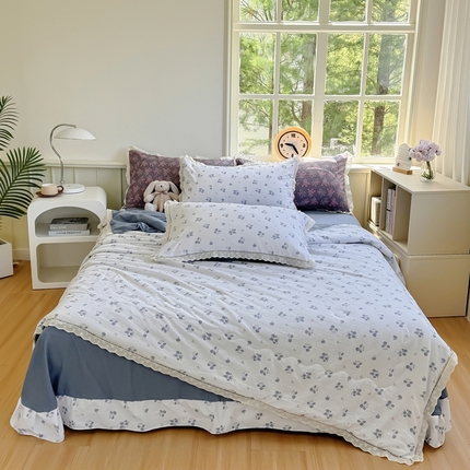 91家纺网 家纺一手货源 找家纺 奥虎家纺 2025新款针织棉双层纱夏被四件套 紫纱绮梦