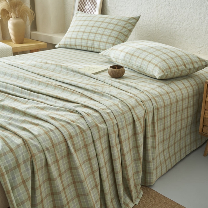 91家纺网 家纺一手货源 找家纺 早晨家纺 2025新款色织纯棉水洗棉床单 梦雨-绿