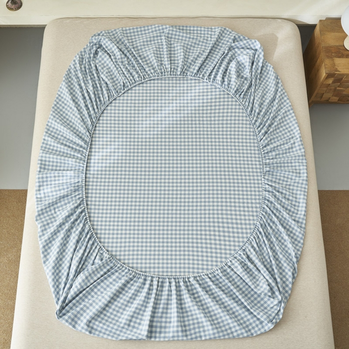 91家纺网 家纺一手货源 找家纺 早晨家纺 2025新款色织纯棉水洗棉床笠 蓝小格