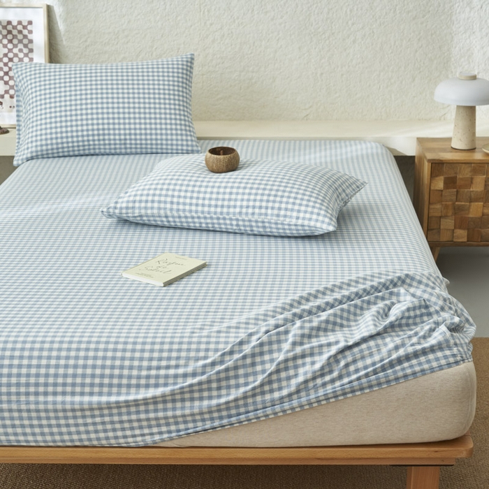 91家纺网 家纺一手货源 找家纺 早晨家纺 2025新款色织纯棉水洗棉床笠 蓝小格